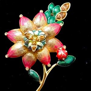 Monet Enamel Flower Brooch with Ladybug
